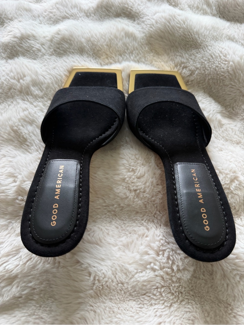 Good American Black Suede Slide Sandals with Gold Accent